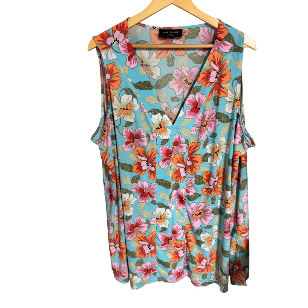 Lane Bryant Floral Sleeveless V-Neck Blouse Blue Orange Pinkβ Plus Size 26/28